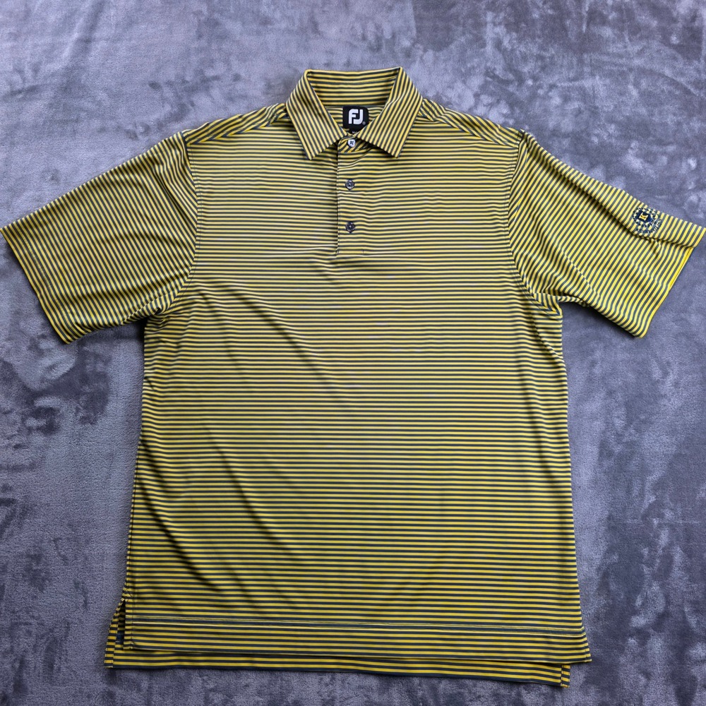 FootJoy Polo Golf Shirt Mens Medium Yellow Blue Striped Rugby Performance